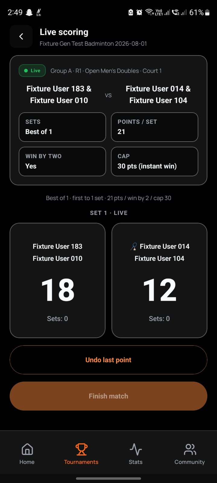 Clutch live scoring screen for a badminton doubles match, showing set format, points, and a live score of 18 to 12